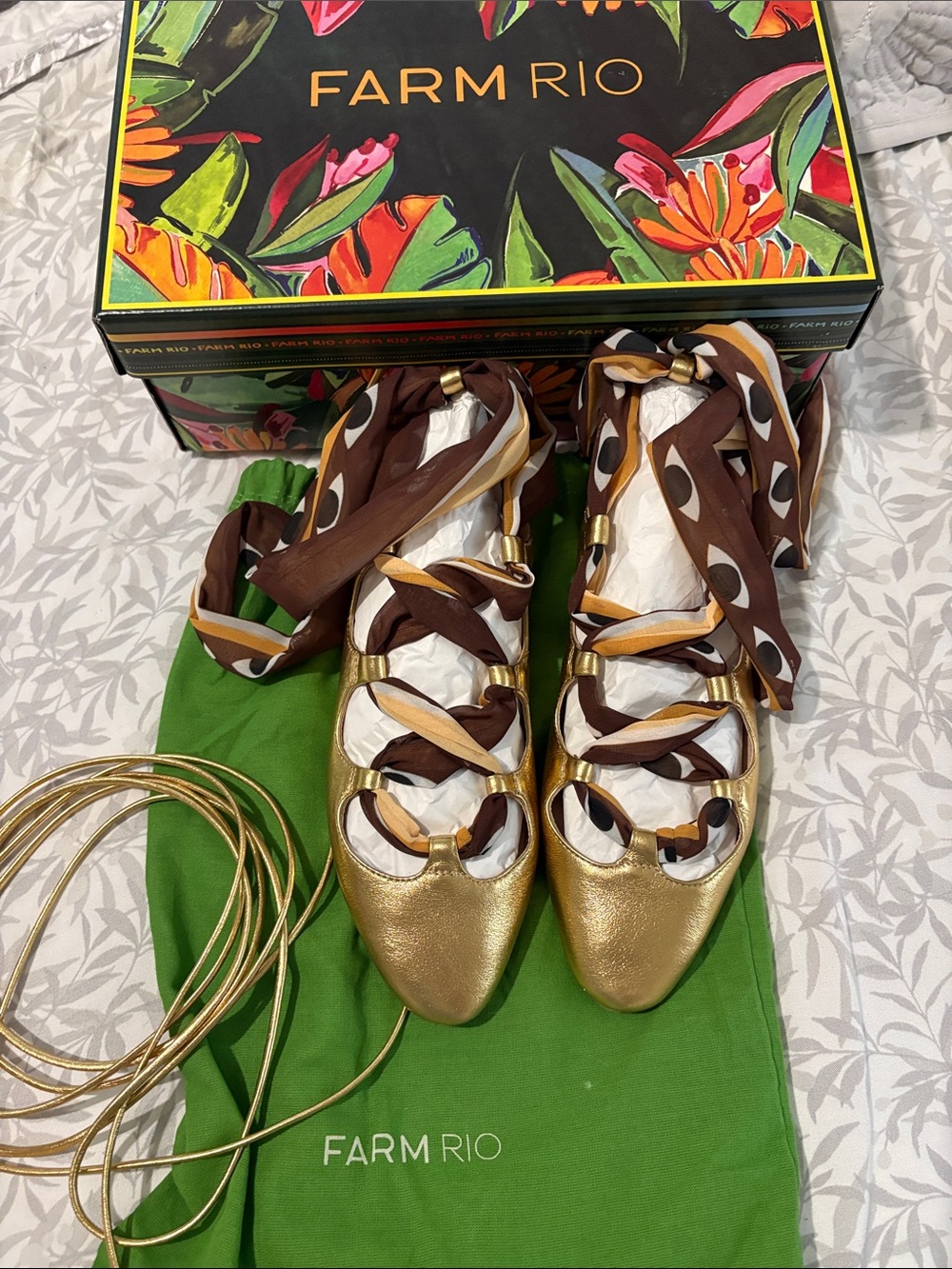 FARM RIO Metallic Gold Lace-Up Ballet Flats with Brown & Cream Wrap Ties